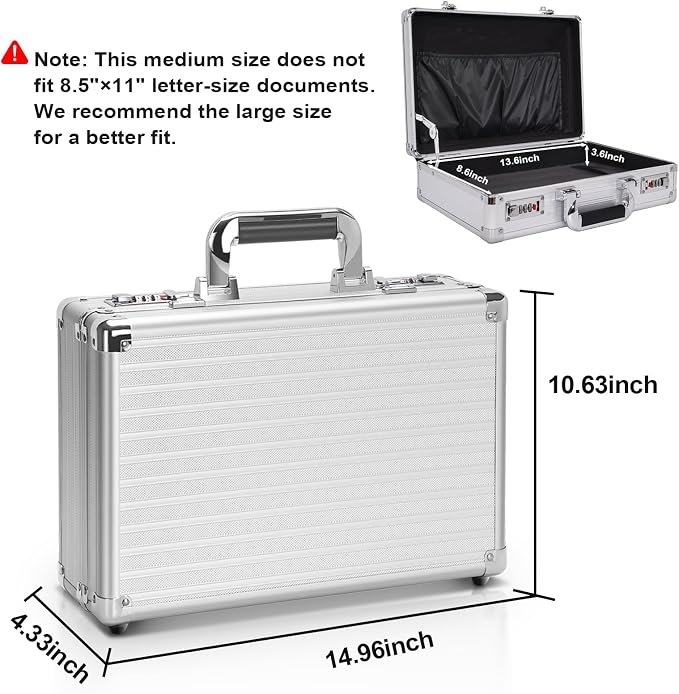 File Organizer Storage Box - 14.2 x 9.4 x 4.5 Inch Medium, Portable Locking Storage Totes with Dual Combination Locks for Passports, Medications and Small Personal Items- Silver