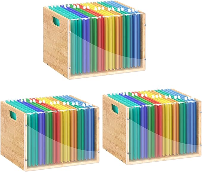 Sbanmao 3 Pack Hanging File Organizer, Clear Acrylic File Box Organizer, Bamboo Filing Box File Crate Organizer Storage Boxes, Portable Filing Organizer with Handle for Letter Size