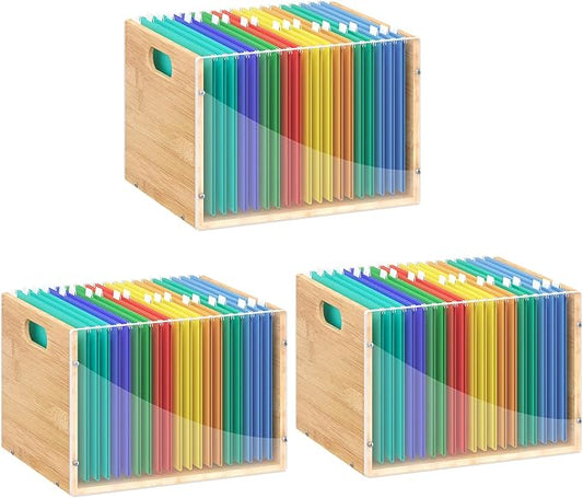 Sbanmao 3 Pack Hanging File Organizer, Clear Acrylic File Box Organizer, Bamboo Filing Box File Crate Organizer Storage Boxes, Portable Filing Organizer with Handle for Letter Size