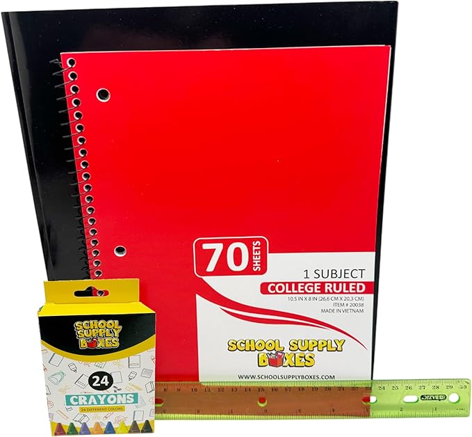 School Supply Boxes | Budget Saver Case (4 Boxes) | Back to School Essentials Kit for Students & Teachers | Includes Spiral Notebook, Crayons, Pens, Pencils, Glue & More