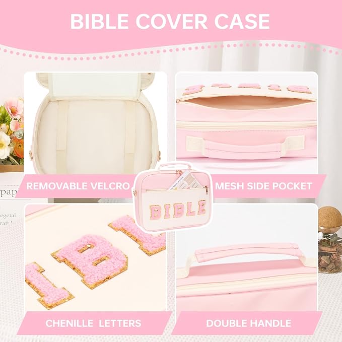 Bible Cover Case for Women Bible Study Supplies Large Preppy Chenille Pink Leather Bible Carrying Tote Bag Letter Bible Case Christmas Christian Gifts for Women Girls (Pink, Large)