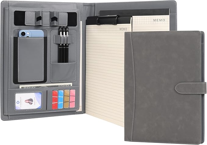 Wason Portfolio Padfolio A4 Leather PU Folder File Document Holder Case with Writing Pad Removable Clipboard Card Stationary Case Phone Tablet Stand for Organizer Office Travel School (Grey)