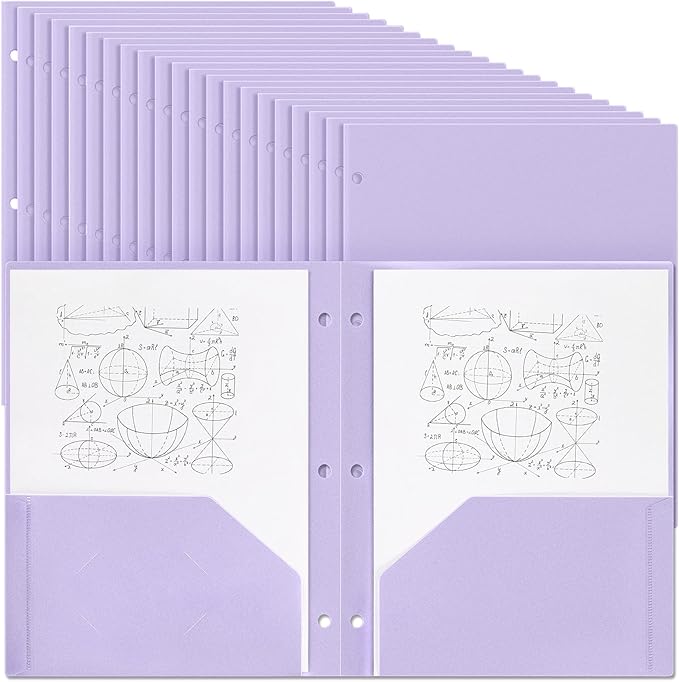 Yeaqee 100 Pcs Plastic Folders with Pockets Bulk 3 Hole Punched 2 Pocket File Folders for 3 Ring Binder Divider Folder for Notebooks, Durable Poly for Office Home (Light Purple)