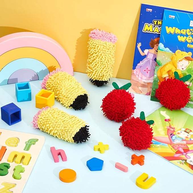 Wonderjune 6 Pcs Mini Dry Erase Erasers for Students Lap Boards Funny Apple and Pencil Shaped Washable Microfiber Shag Whiteboard Eraser for Kids Teacher Classroom Reward Gifts Decor Supplies