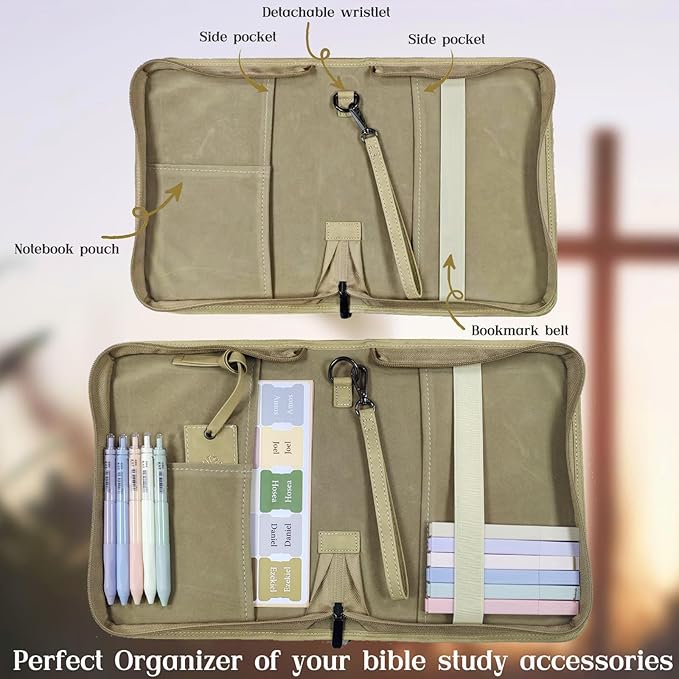CITYCHASE Elegant Rose Design Bible Cover Case with Bible Study Supplies Highlighters Pens Bookmark Leather Bible Cover Case for Women Perfect Gift for Christians(Khaki Pro)