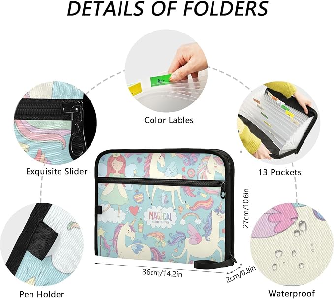 13 Pockets Expanding File Folder Unicorns and Fairy Princess with Sticky Labels Accordion File Folder Document Organizer Letter Size A4 Papers Expandable File Keeper