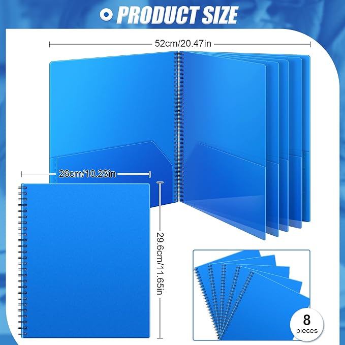 Seajan 8 Pcs 10 Pocket Folder Blue Sturdy Plastic Spiral Portfolio Multi Pocket Folder Organizer Document Folders Plastic Spiral Project Organizer for School Office