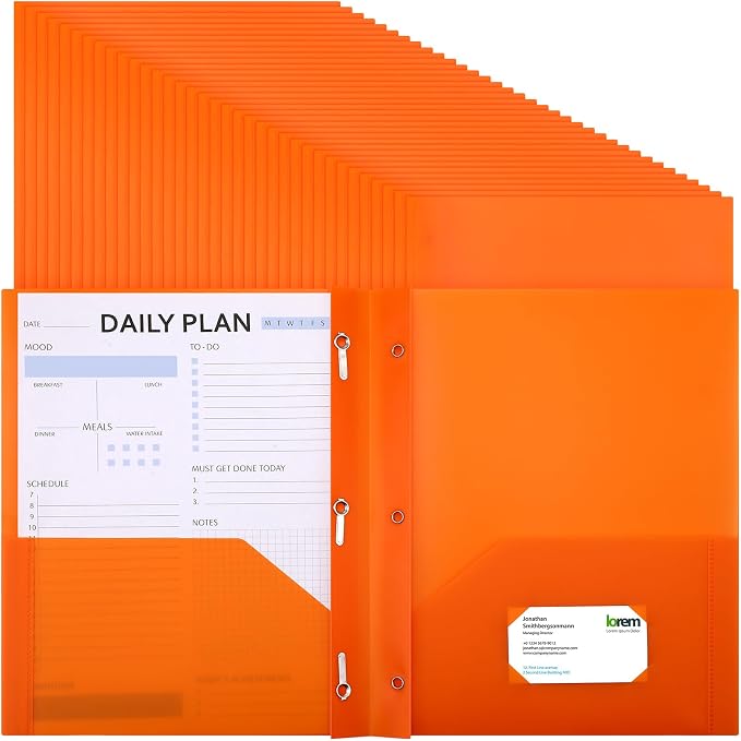 Cholemy 72 Packs Pocket Folders with Prongs Heavy Duty Plastic Folder with Business Card Slot 3 Prong Fasteners for School Office (Orange)