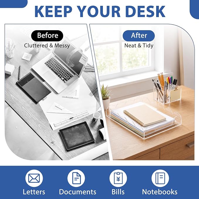 Domensi 2 Pack Scalloped Acrylic Paper Letter Tray, Clear Paper Organizers for Desk, Stackable Aesthetic A4 File Holder Sorter for Home Office Document Mail, Desktop Decor and Accessories Organizer