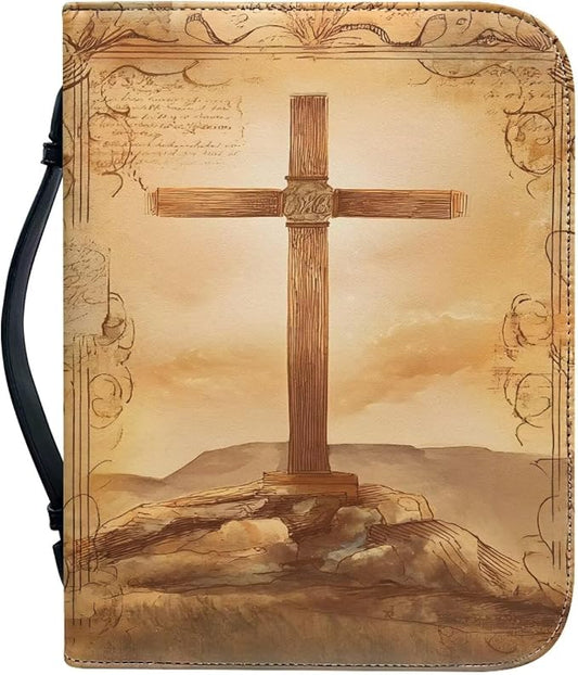 Retro Cross Monogram Bible Covers for Women Large Size PU Leather Bible Carrying Case with Handle Waterproof Bible Protector Portable Bible Organizer Bag