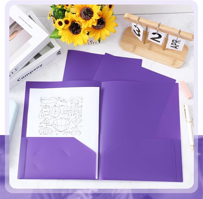 Gueevin 100 Pack Plastic Folder with Pockets, 2 Pocket Folders, Plastic Glossy Folders Fit Letter Size Paper, Heavy Duty Durable File Folder with Business Card for Home Office School (Purple)