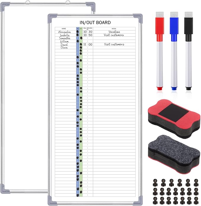 Lincia in and Out Magnetic Dry-Erase Board 36 x 18 Aluminum Framed White Board with Lines 53 Names with Magnetic Dry-Erase Marker, Eraser, and 55 Magnets Wall-Mounted for Office Employee