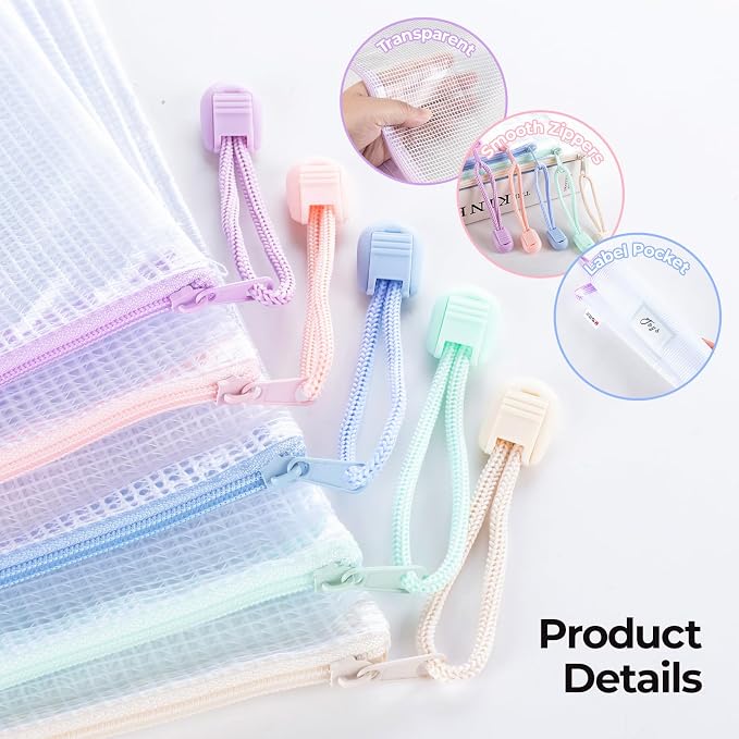 20pcs Mesh Zipper Pouch Bags File Puzzle Storage Bags, A4 Zipper Bags for Organizing Storage, Waterproof Zipper Pouches with Label Pocket, Board Games and Office Supplies (Macaroon Colors)