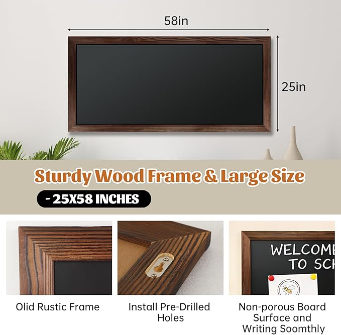 Large Magnetic Chalkboard for Wall, 58 x 25 Inch Solid Wood Framed Brown Magnetic Board, Wall Mounted Chalk Board for Kitchen, Restaurant, Food Truck and Calendar Board