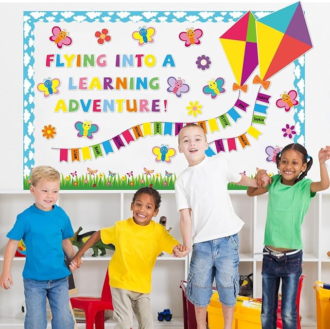Butterfly Kite Bulletin Board Set DIY Photo Name Tags Back to School Paper Cutouts Colorful Flower Classroom Decorations for Motivational Nursery Wall Decor(Flying Into A Learning Adventure)