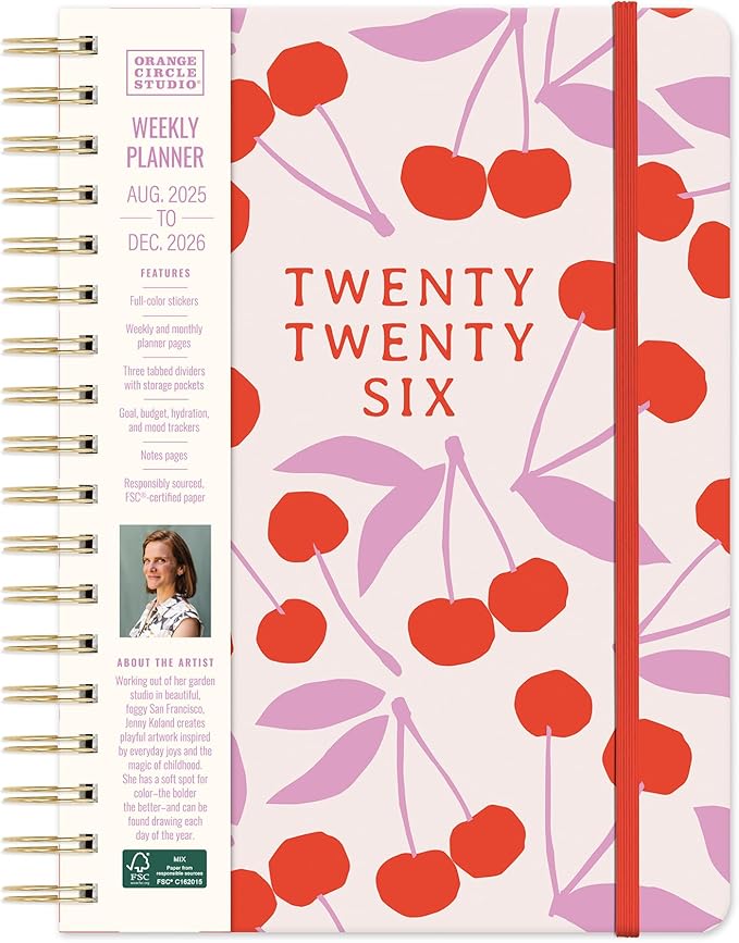 Orange Circle Studio Academic Planner 2026, Cherry Sweet, Tri-Tab Planners, 17-Month Triple-Section Weekly Monthly Planner Calendar for School or Work, Includes 96 Full Color Stickers, Note Pages