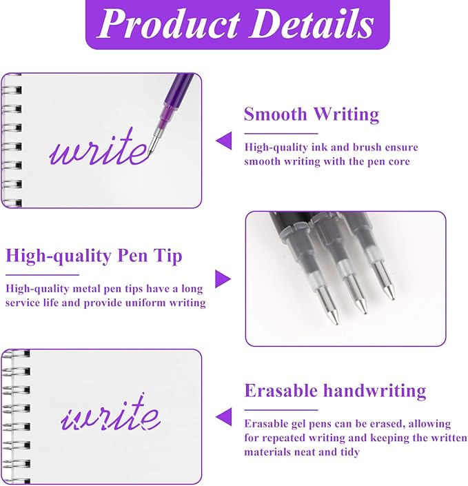 0.7 mm Erasable Gel Ink Pen Refills Compatible with Frixion Friction, Smooth Writing Multicolor Retractable Fine Point Pen Refill for School Office Home Art (Purple, 16)