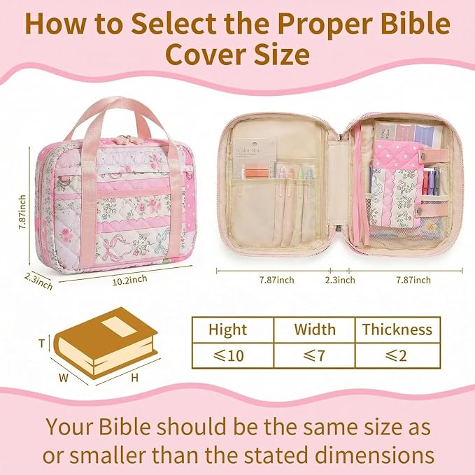 Quilted Bible Cover for Women, Zippered Bible Case with Handle, Bible Organizer Bag w/Multiple Pockets & Pen Slots Lightweight Bible Tote Bag for Church Study, Gifts for Women (Spliced Flower, Pink)