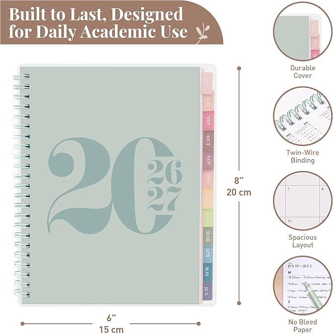 Rileys Academic Planner 2026-2027, Daily, Weekly & Monthly Planner, July 2026 - June 2027, Student Notes Pages, Twin-Wire Binding, Weekly Agenda for School & Work (8 x 6-Inches, Typographic, Green)