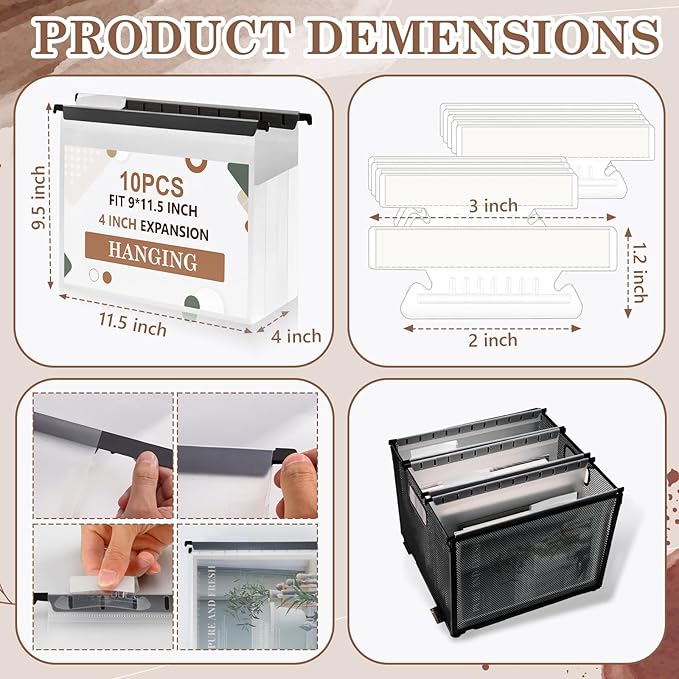 10 PCS 4 Inch Extra Capacity Hanging File Folder Plastic Letter Size Filing Cabinet Reinforced Hang Folders with Heavy Duty 4 Inch Expansion Black Insert Gasket 8.5” X 14” for Insertable Tabs