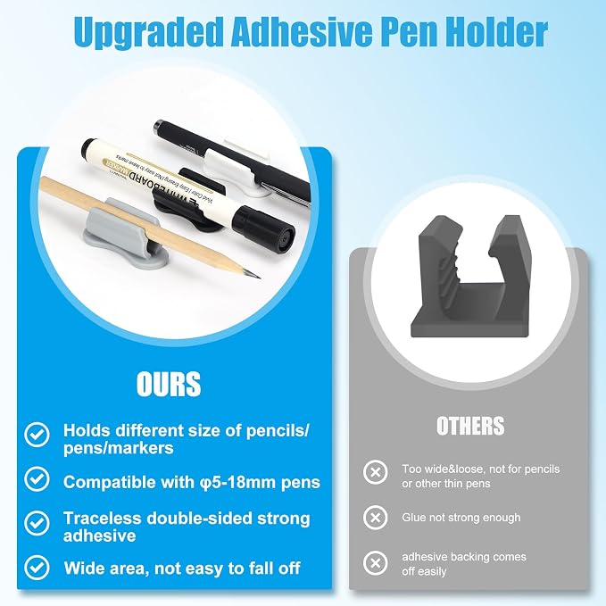 BOBOKA 10 Pack Upgraded Pencil Holder, Adhesive Pen Holder for Desk, Silicone Pencil Holder & Marker Holder for Clipboard Wall Classroom School Office Desk Accessories