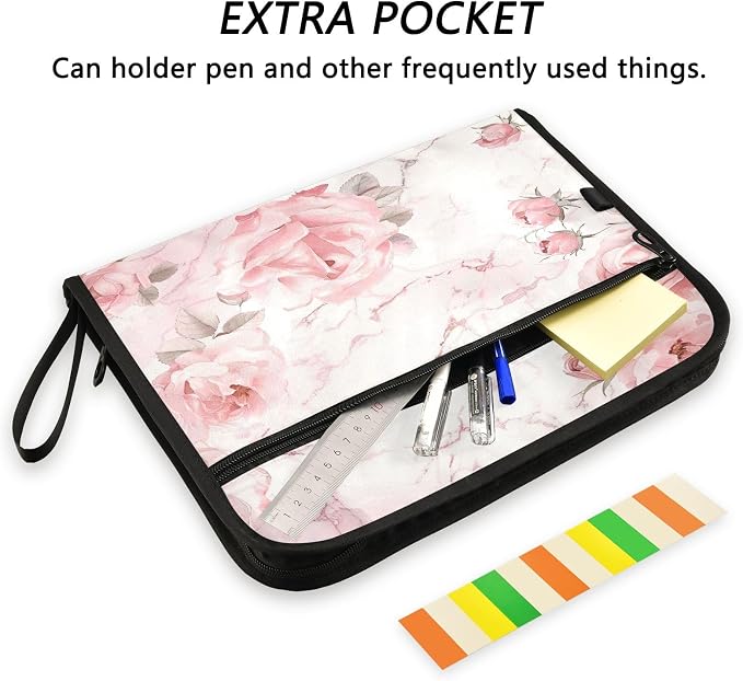 ALAZA Roses Pink White Marble Expanding Filing Folder, 13 Pockets Expandable Document Organizer Folder with Zipper Closure for Home Office A4 Letter Size Paper Document