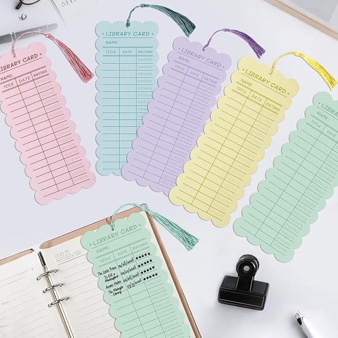 50 PCS Reading List Bookmarks Book Tracker with 50 Bookmark Tassels, 3 x 8 Inch Watercolor Library Card Reading Log Bookmark for Teachers Women Book Lovers
