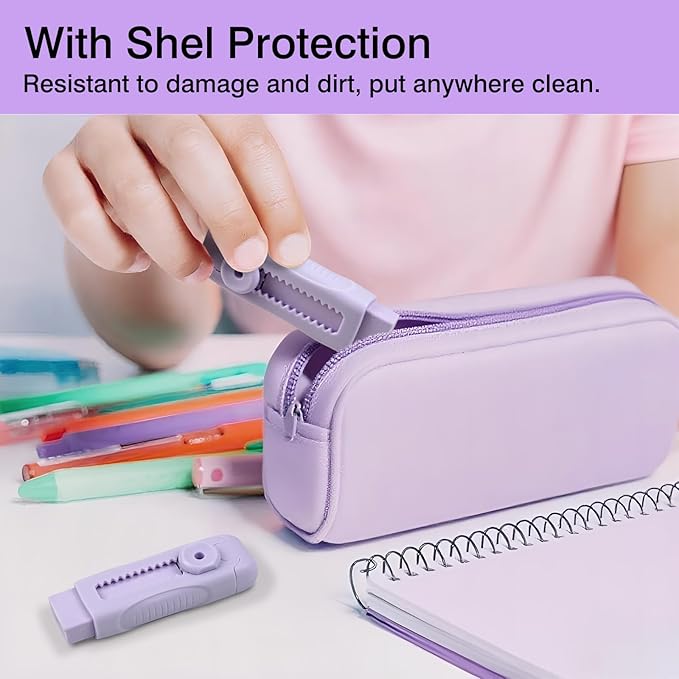 3+1 Pack Retractable Erasers – Soft Rubber Push-Pull Pencil Erasers with Plastic Sleeve & 3 Refills for School, Home, or Office (Purple)