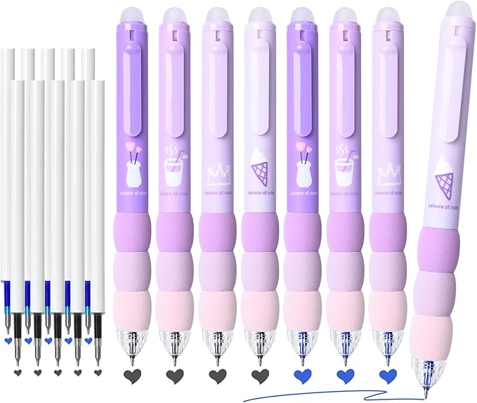 Temiary 18Pcs Aesthetic Retractable Erasable Gel Pens, Make Mistakes Disappear, 8 Pens & 10 Refills, Cartoon Smooth Writing Pen, 0.5 mm Black & Blue Ink Pen, Office School Supplies. (Purple Theme