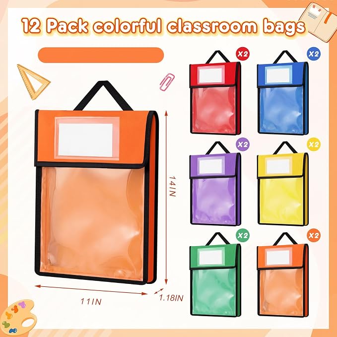 Teling 12 Pack 11 x 14 Inch Clear Book Pouches with Handles and Name Tags, Heavy Duty Reusable Library Book Bags for Classroom, Students Kids and Teacher Supplies (Colorful)