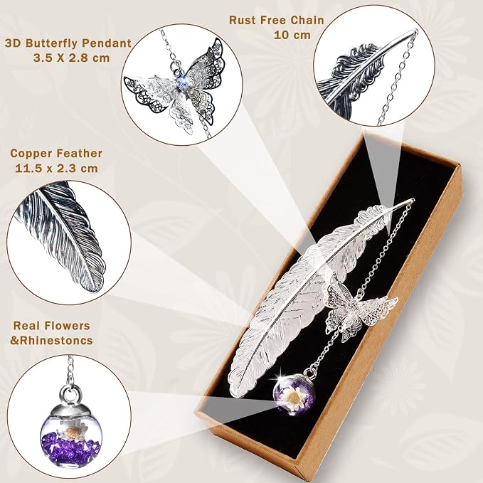 Teacher Appreciation Gifts for Women - Metal Feather Bookmark with 3D Butterfly Charm – Mother’s Day Gifts for Mom, Thank You Gifts, Book Lover Gift Under 10 Dollars, Gift Box Included