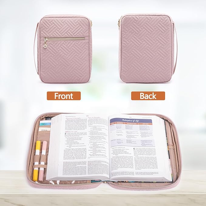 APLUFINE Quilted Bible Cover for Women, Zippered Organizer Bag with Sleeve for Study Supplies, Accessories & Journals, Church Carrying Gift for Girls, Book Carrying Case