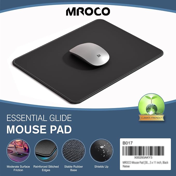 MROCO Essential Office & Gaming Mouse Pad, 30% Larger, 8.5” x 11” in, Black | Anti-Fray Stitched Edges, Premium Textured Surface, Non-Slip Rubber Base, Water and Stain Resistant Protection