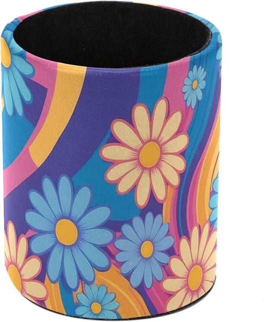 Colorful Rainbows and Daisies Pen Holder Pencil Organizer for Desk, 3.1” x 3.1” x 3.9” Pencil Cup Office Supplies, Large Capacity Cute Pen and Makeup Brush Holder for Home, School, Desktop