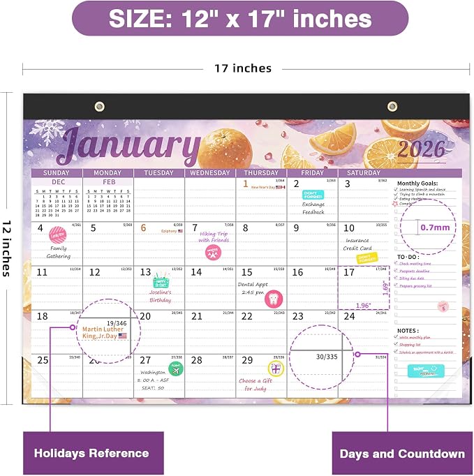 Ospelelf 12" x 17" Desk Calendar 2026-2027, 18 Month Magnetic Wall Calendar with Plastic Cover, Monthly Desktop Calendar Planner for Family Office, Use Jan 2026 - June 2027, Fruits