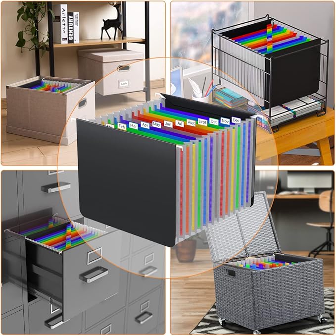 TOPCJ Expanding Hanging File Folders,Plastic Expandable Hanging Folder Letter Size,Filing Cabinet,13 Innovative Accordion Pocket,Alphabetical Tab,Large Capacity,Durable File Organizer 4 Colored