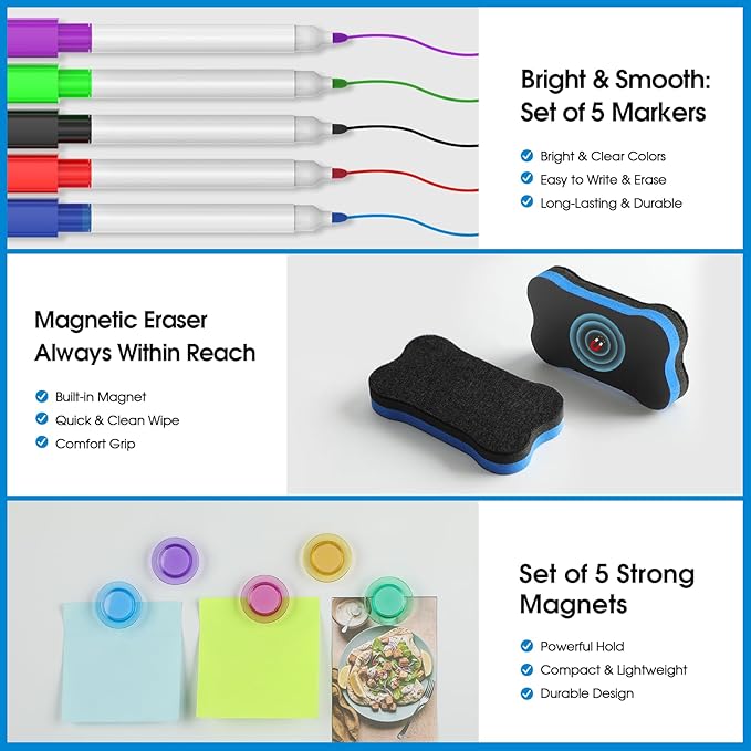 MaxGear 5 Pack Magnetic Whiteboard Sheets for Fridge, 12"x 8" Small Refrigerator Dry Erase Board for Kitchen Organizer and Planner, Smooth and Reusable, Includes 5 Markers, 5 Magnets and 1 Eraser