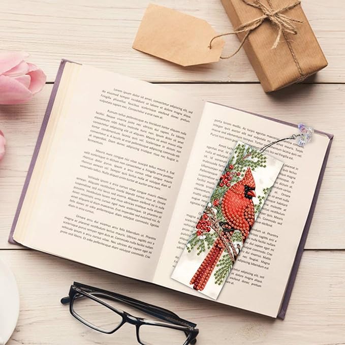 3Pcs DIY Diamond Art Painting Bookmarks with Colorful Butterfly Pendant PET Bookmark Ornament Double Sided Pattern Single Sided Diamond Book Marker Clip Gifts Tags-Cardinal