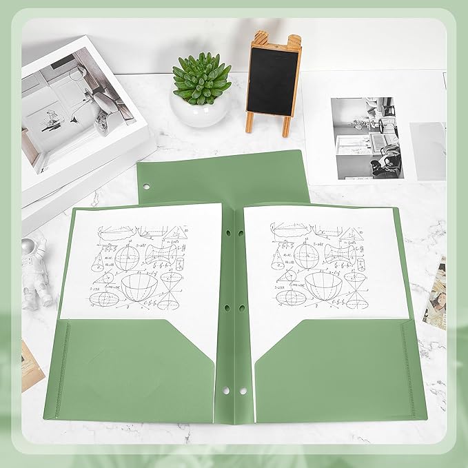 Yeaqee 50 Pcs Plastic Folders with Pockets Bulk 3 Hole Punched 2 Pocket File Folders for 3 Ring Binder Divider Folder for Notebooks, Durable Poly for Office Home (Sage Green)