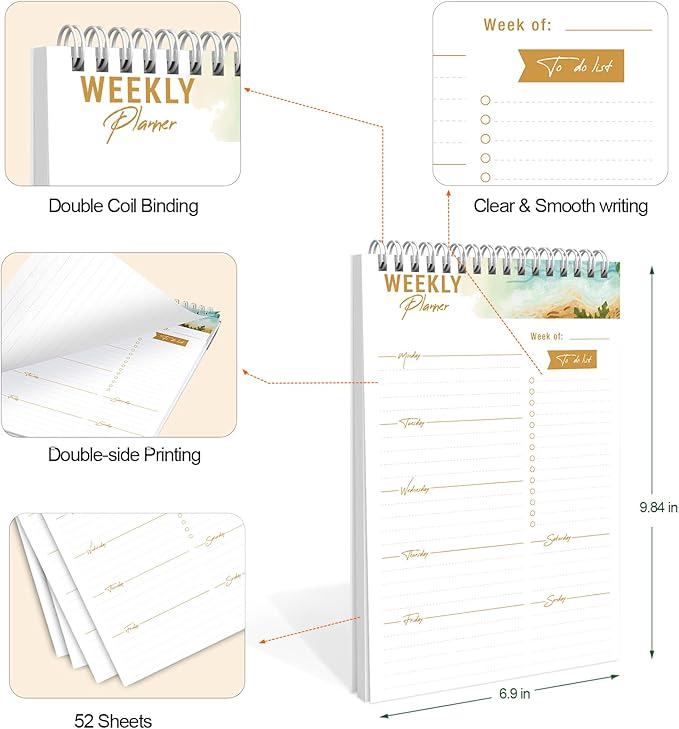 Weekly Planner Notebook, To Do List Notepad with 52 Undated Sheets 6.9"×9.8" - Weekly Organizer for Women & Man, Work, Study, and Daily Life, B5-KA