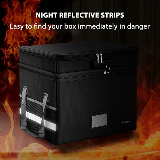 DocSafe File Box with Lock,Multi-Layer Fireproof Document Box Collapsible File Storage Organizer with Pockets/Handle,Large Portable Home Office Filing Safe for Hanging Letter/Legal Size Folders,Black