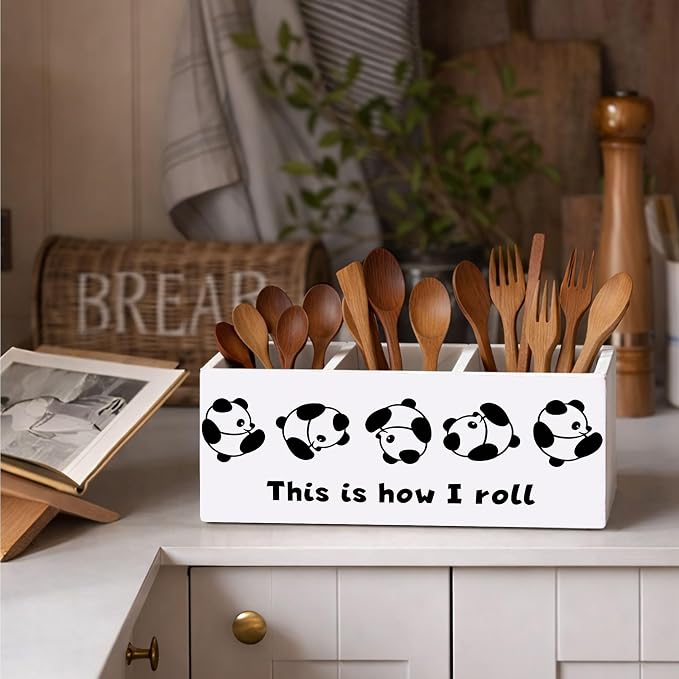 Wooden Desk Organizer with Panda Design, 3 Compartment Pen Pencil Holder, Decorative Office Supply Storage Box for Home, Office, Desk Table, Gift for Friends and Coworkers