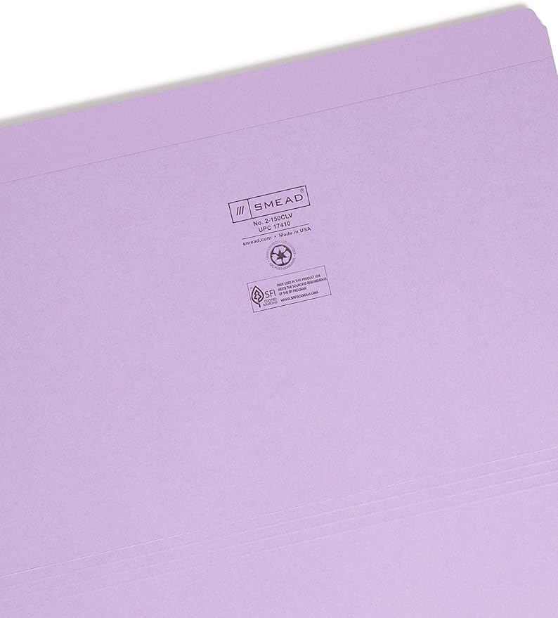 Smead File Folder, Reinforced Straight-Cut Tab, Legal Size, Lavender, 100 per Box (17410)