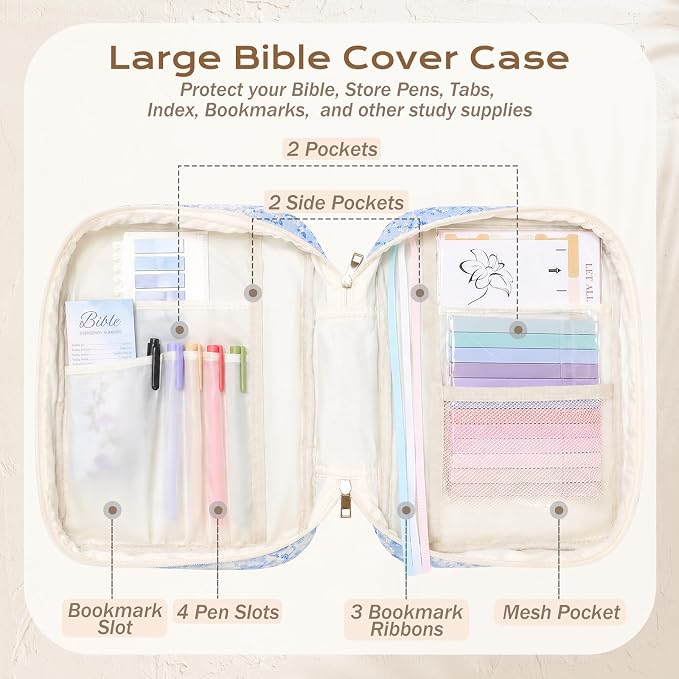 XKDOUS Bible Cover for Women Church Book Holder Quilted Carrying Case with Handle, Tabs, Study Supplies Portable Bible Bag Journaling Kit Christian Gifts for Mom Lady