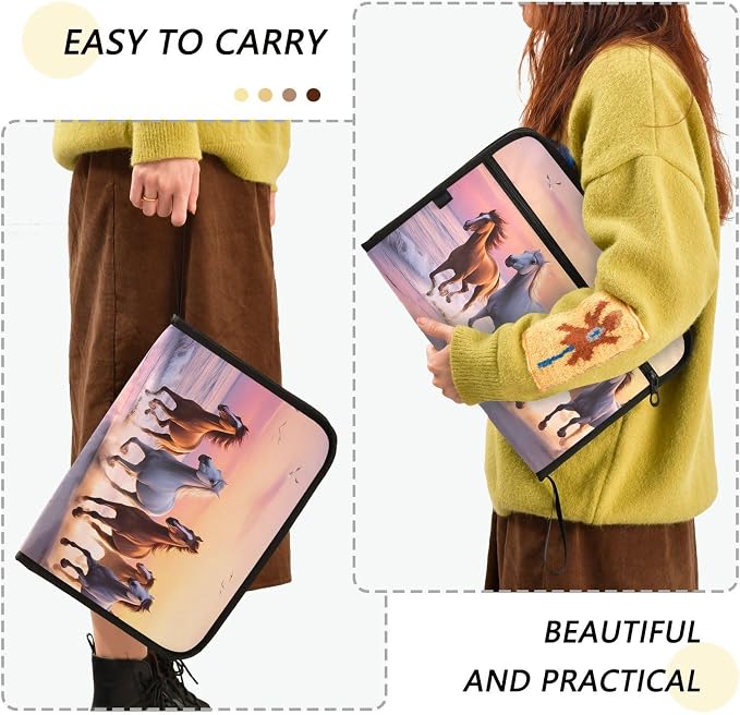 Expanding File Folder Beach Horse Accordion File Organizer 13 Pockets Document Organizer with Zipper Labels A4 Letter Office Storage
