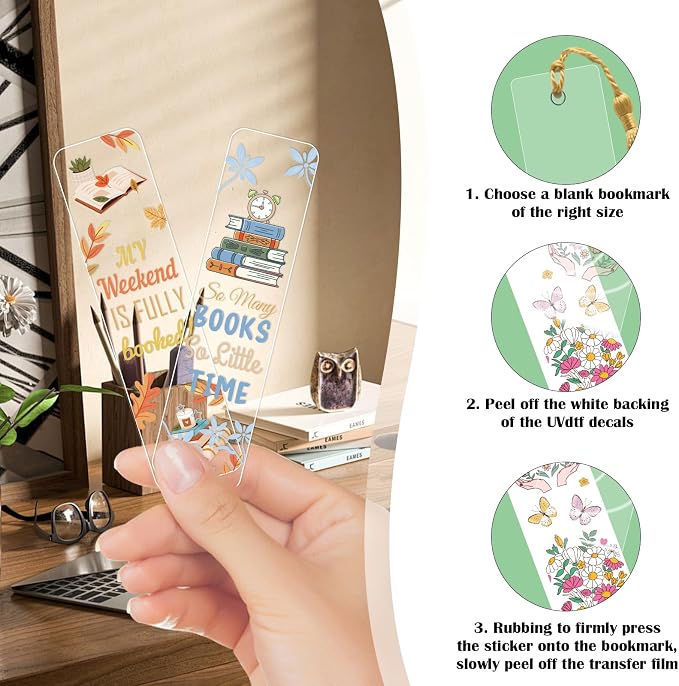 AFRITEE UV DTF Bookmark Stickers - 24 Sheets Book Lovers UV DTF Blank Bookmark Decals, Book Flowers Butterfly Skull Funny Transfer Sticker DIY Blank Acrylic Bookmarks Decoration