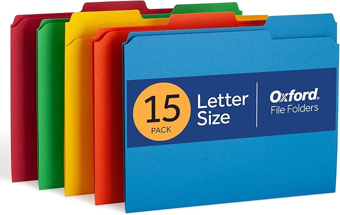 Oxford Colored File Folders, 15 Pack, 3 Tabs, 5 Assorted Colors, Letter Size (8.5" x 11"), Color-Coding for School, Office & Home Document Organization