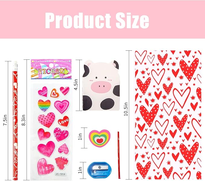 24 Pack Valentines Day Cards Stationery Set Includes Card,Pencils,Sharpener, Erasers,Notebook and Stickers for Classroom Exchange Party Favors Supplies ﻿