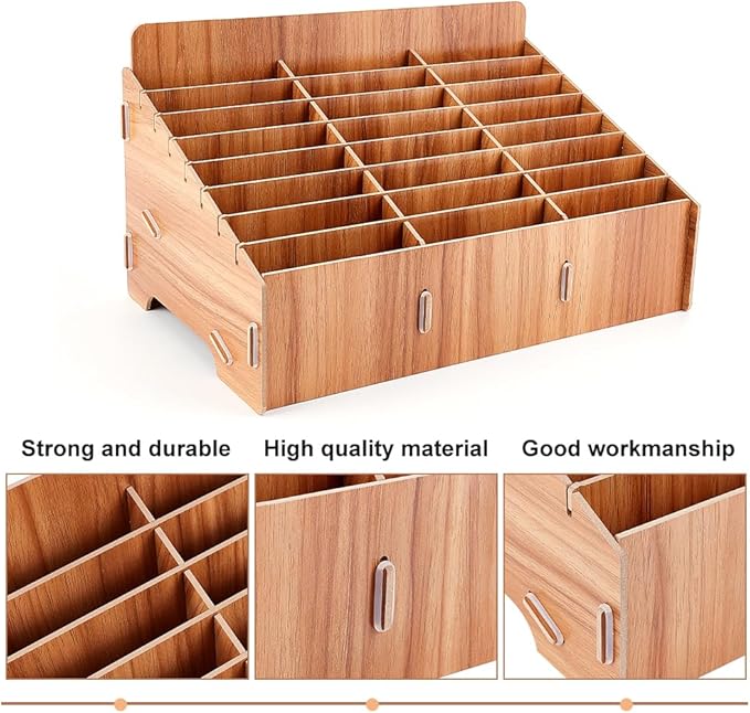 BENECREAT 24-Grid Wooden Cell Phone Storage Box, Mobile Phone Management Storage Box Desktop Organizer for Office and School Supplies, Teak Wood Color