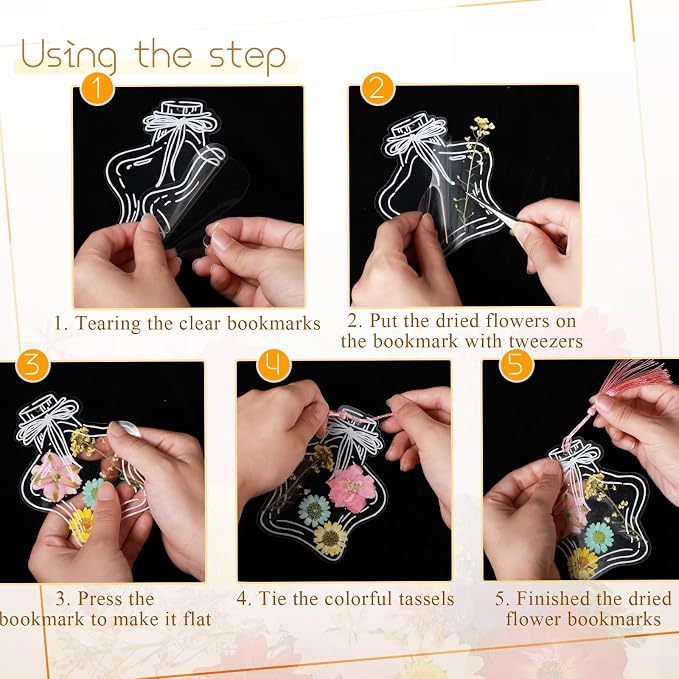 TaoBary 161 Pcs DIY Transparent Dried Flower Bookmark Set Include Clear Bookmarks Dried Flowers Colorful Tassels and Tweezer Handmade Dried Floral Bookmark for Reader Book Bottle(Fresh)